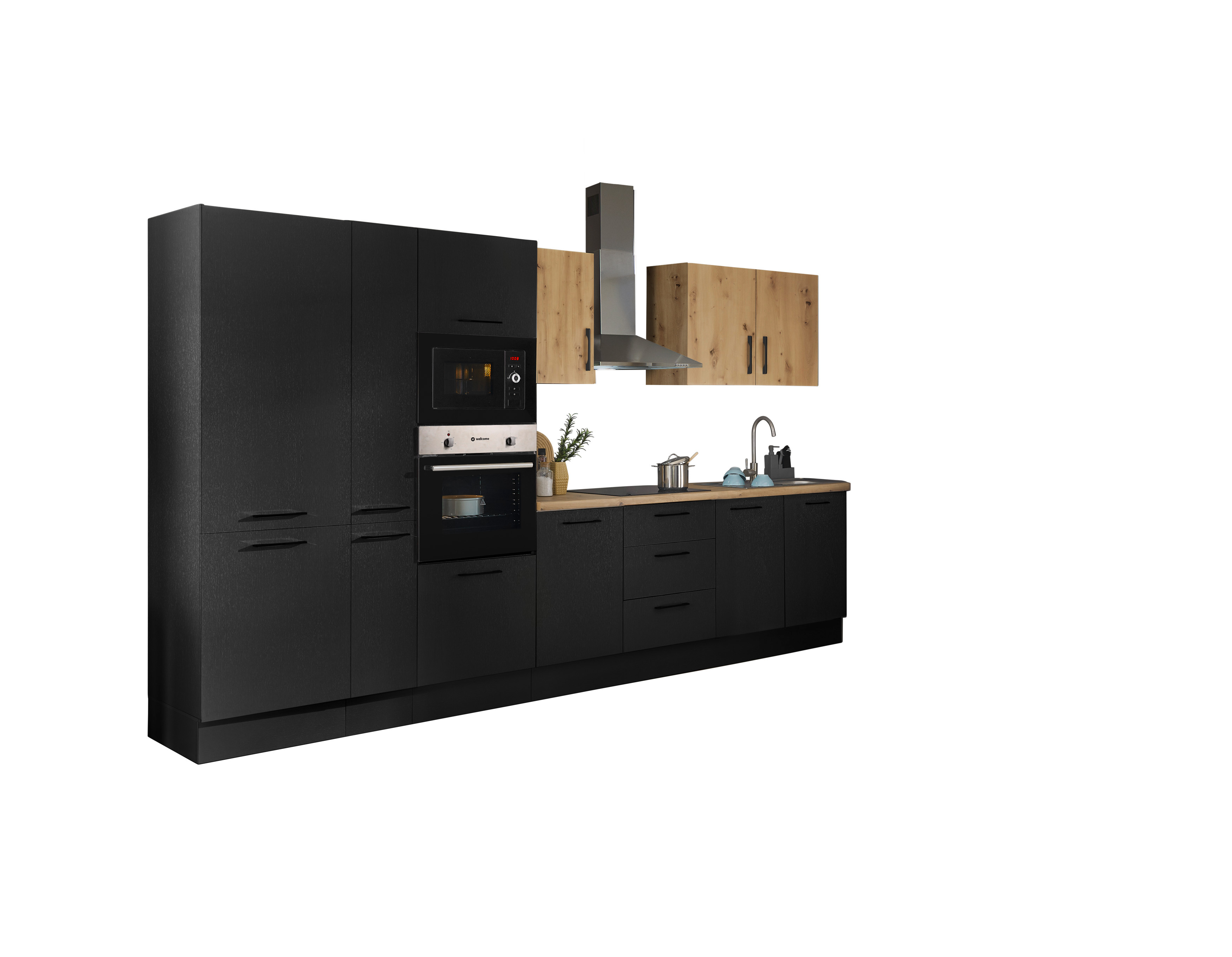 Küchenblock mit E-Geräten CORNWALL (Zeile-Backofen-Kühlschrank-Mikrowelle-Apotheker) III