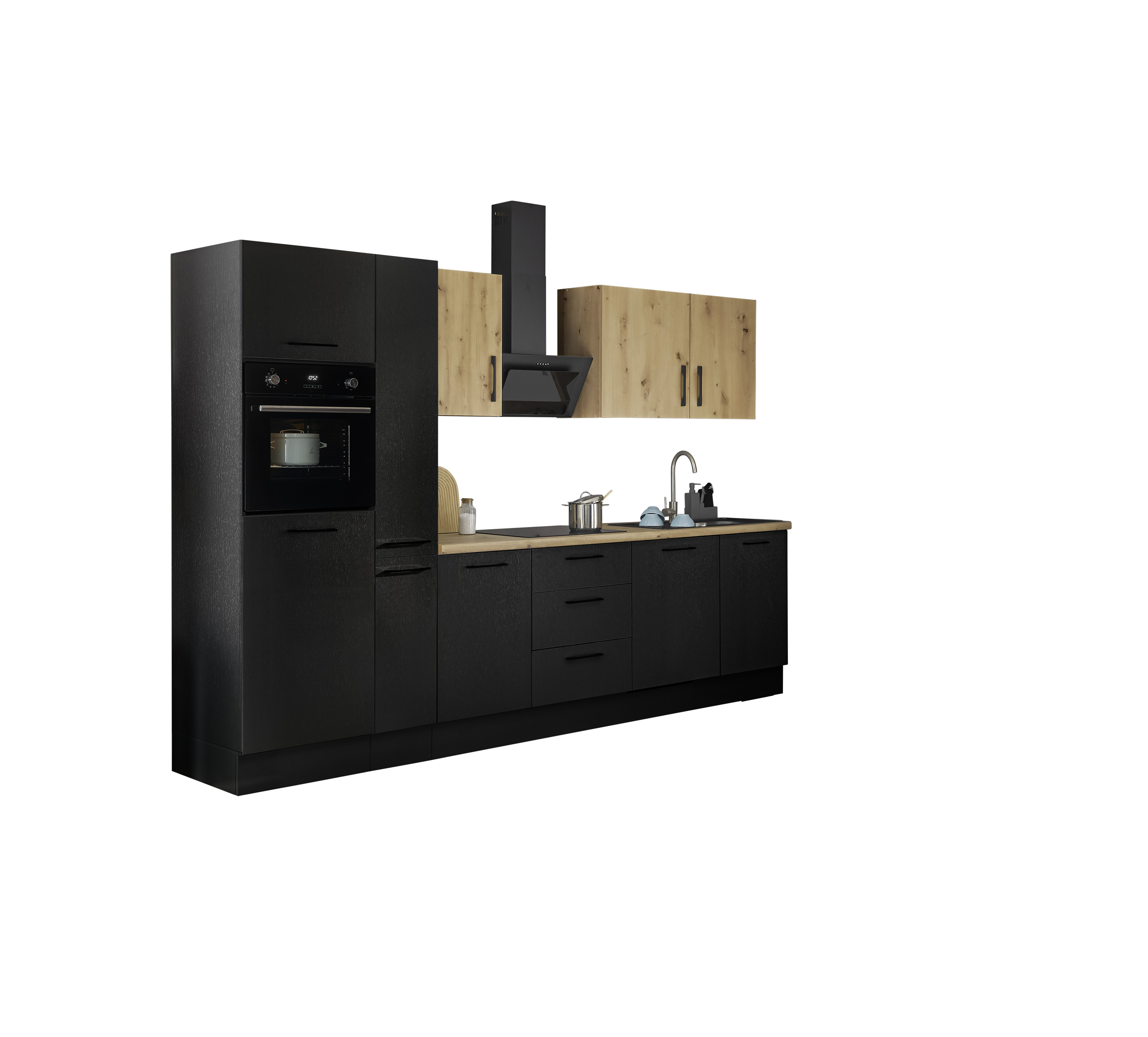 Küchenblock mit E-Geräten CORNWALL (Zeile-Backofen-Geschirrspüler-Kühlschrank-Apotheker) VI