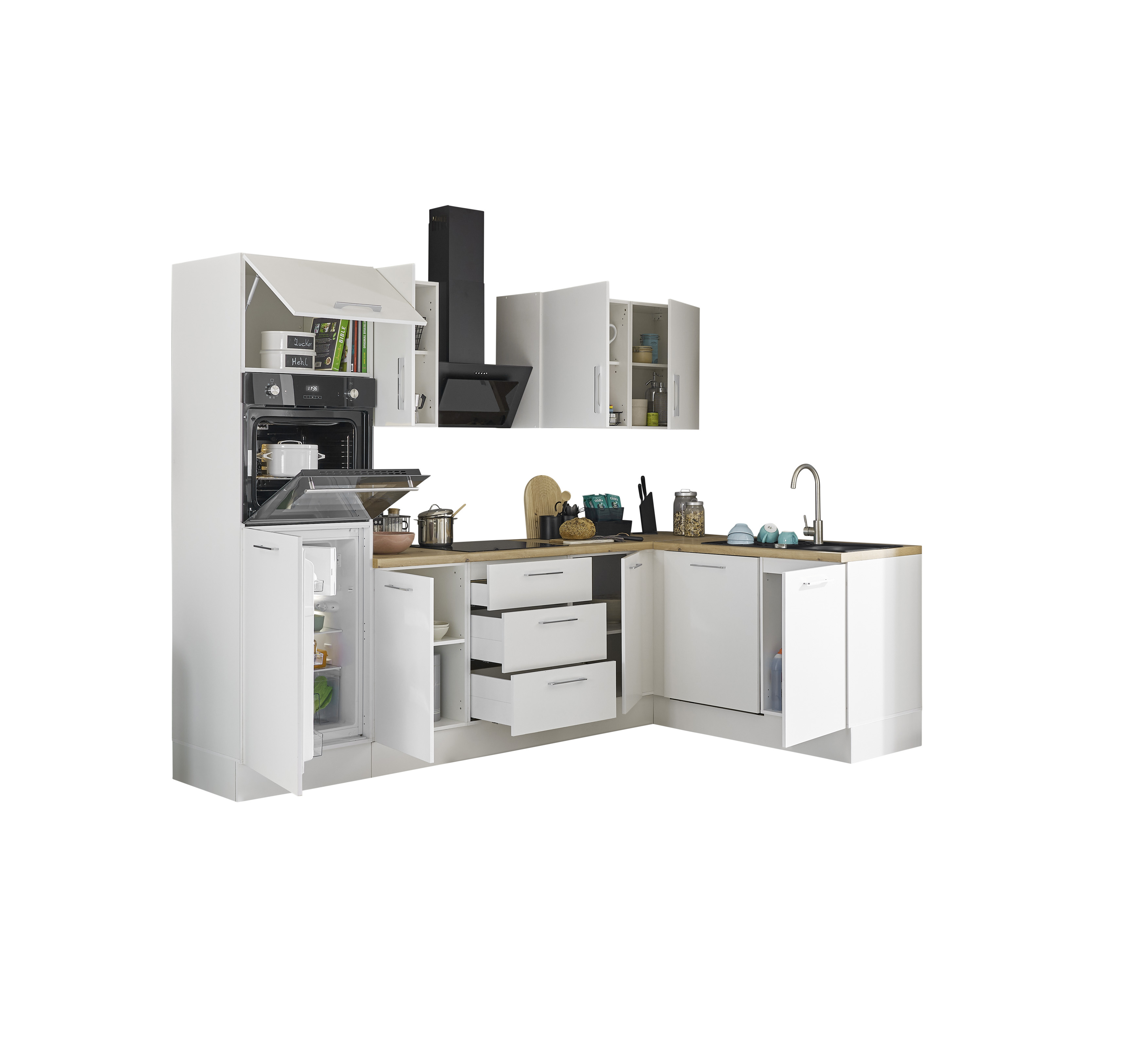 Küchenblock mit E-Geräten CORNWALL (Ecke-Backofen-Geschirrspüler-Kühlschrank) II