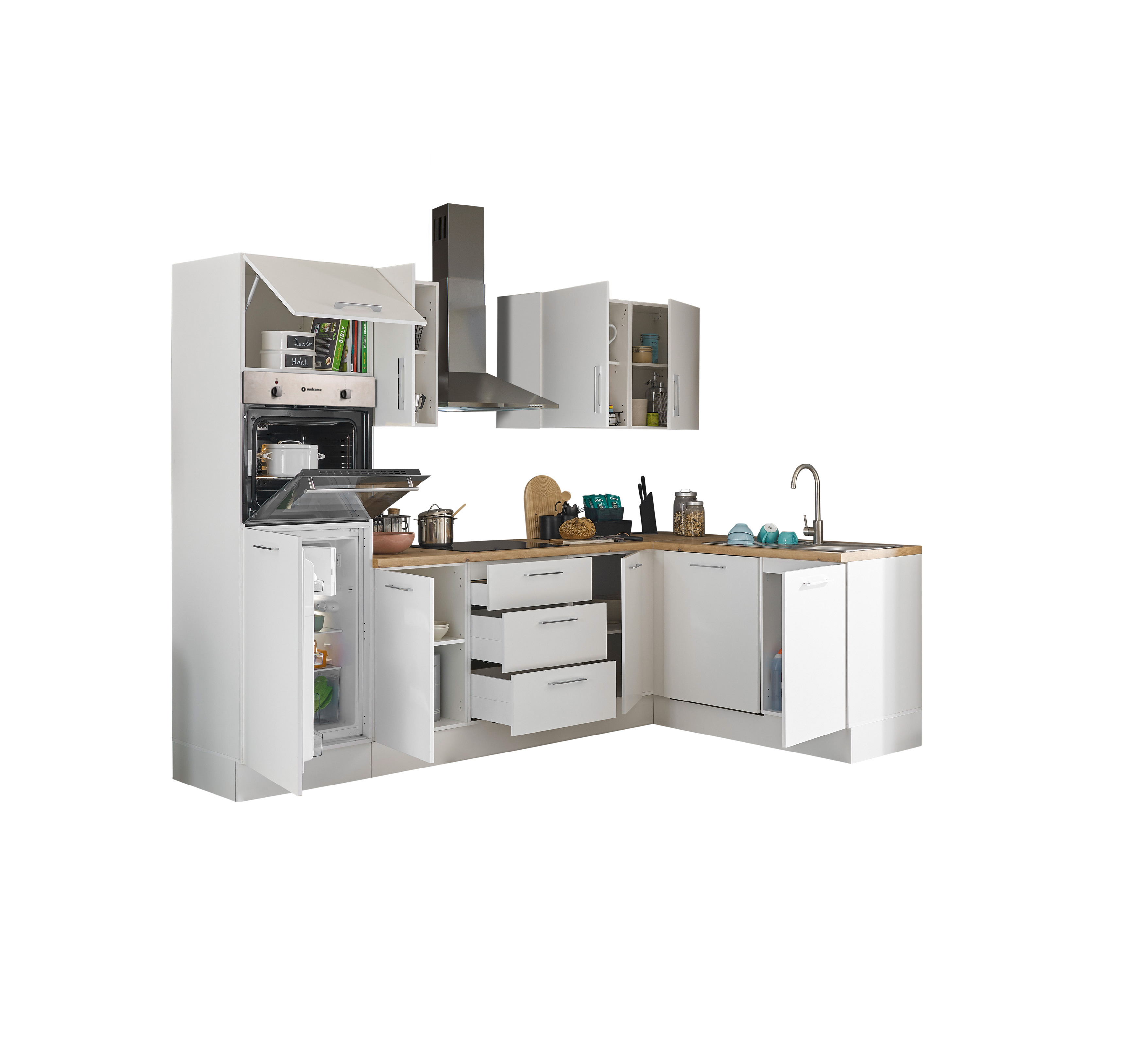 Küchenblock mit E-Geräten CORNWALL (Ecke-Backofen-Geschirrspüler-Kühlschrank) I
