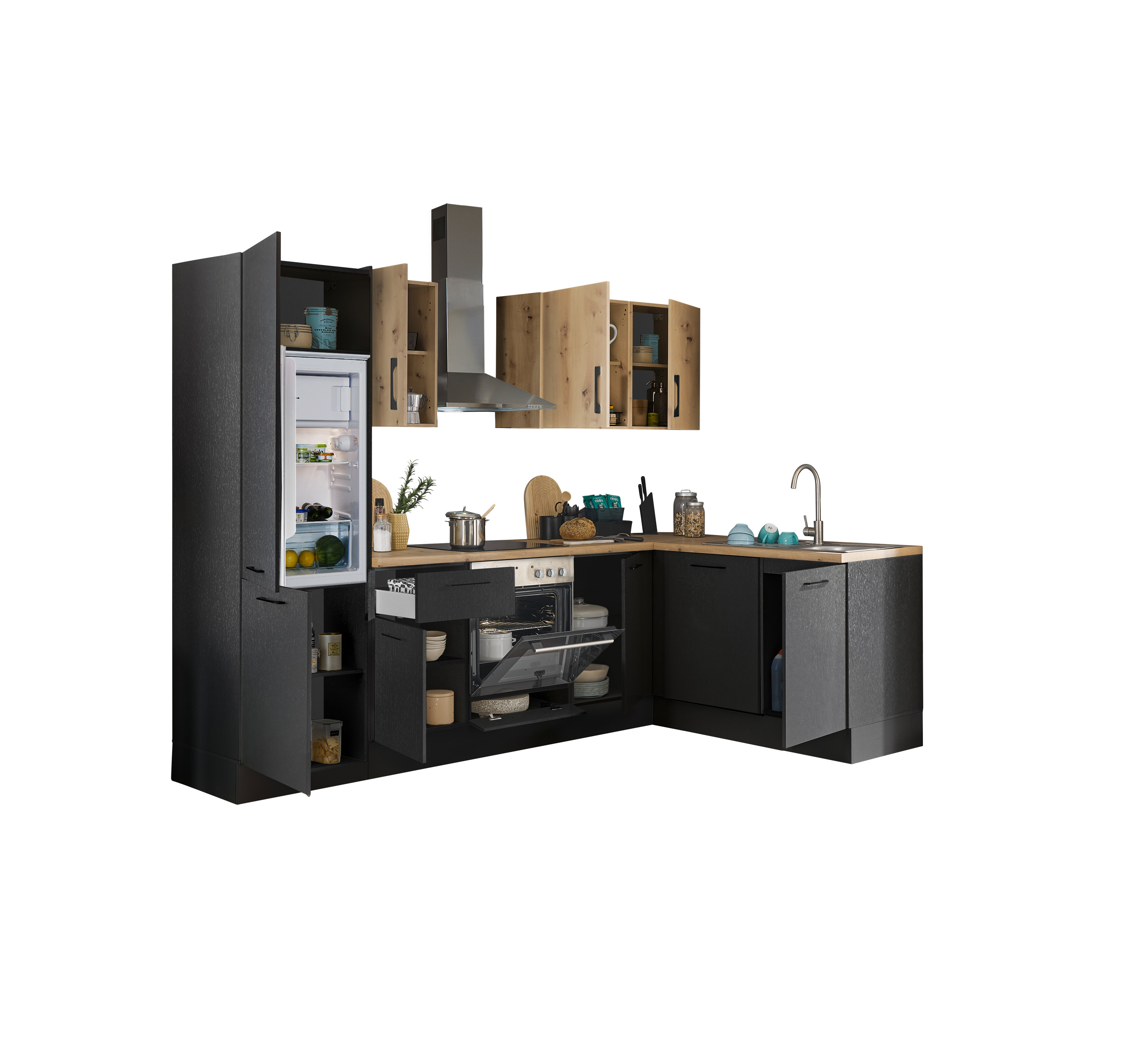 Küchenblock mit E-Geräten CORNWALL (Ecke-Geschirrspüler-Kühlschrank) III