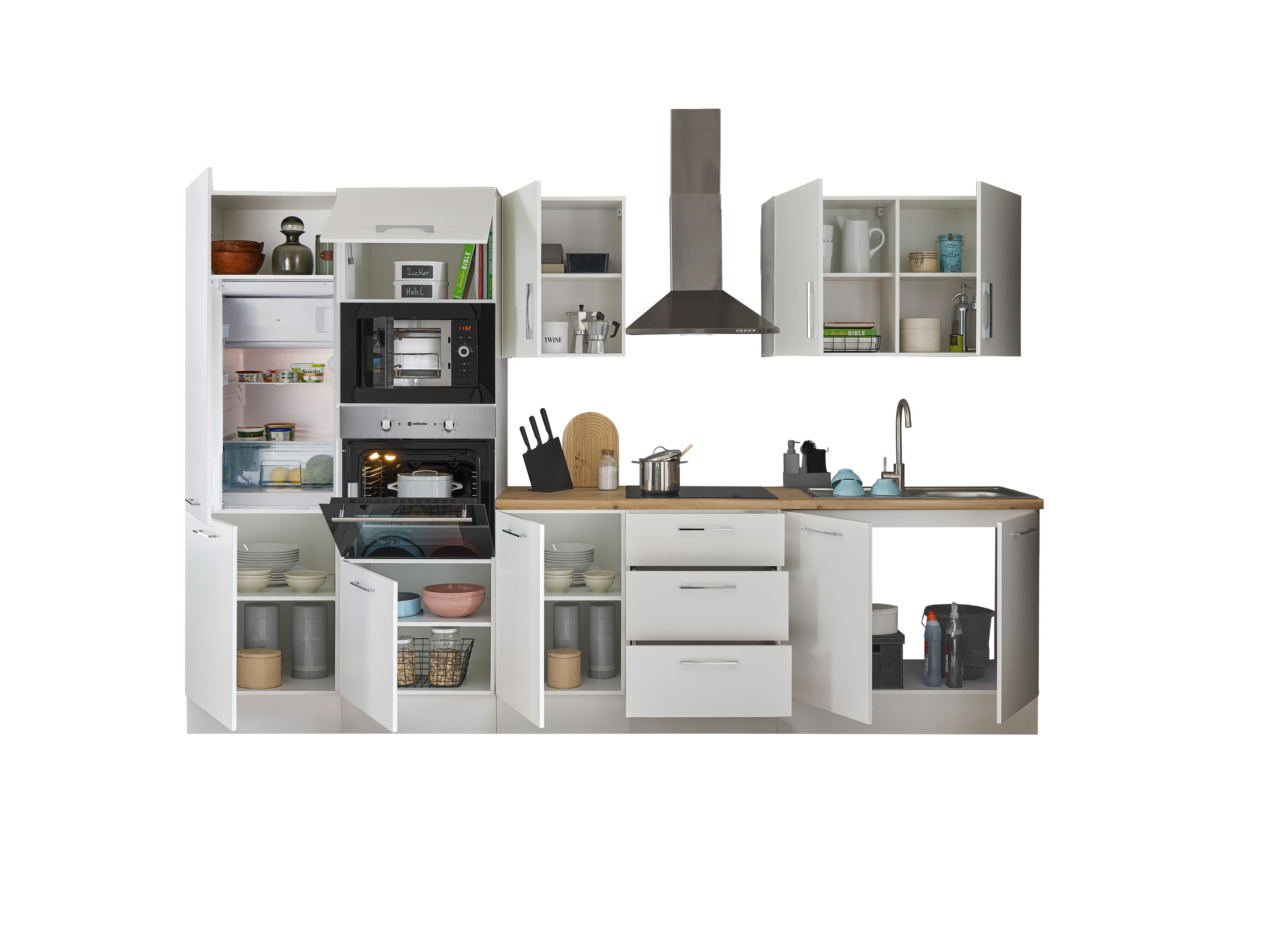 Küchenblock mit E-Geräten CORNWALL (Zeile-Backofen-Kühlschrank-Mikrowelle) I Küchenblock mit E-Geräten CORNWALL (Zeile-Backofen-Kühlschrank-Mikrowelle) I