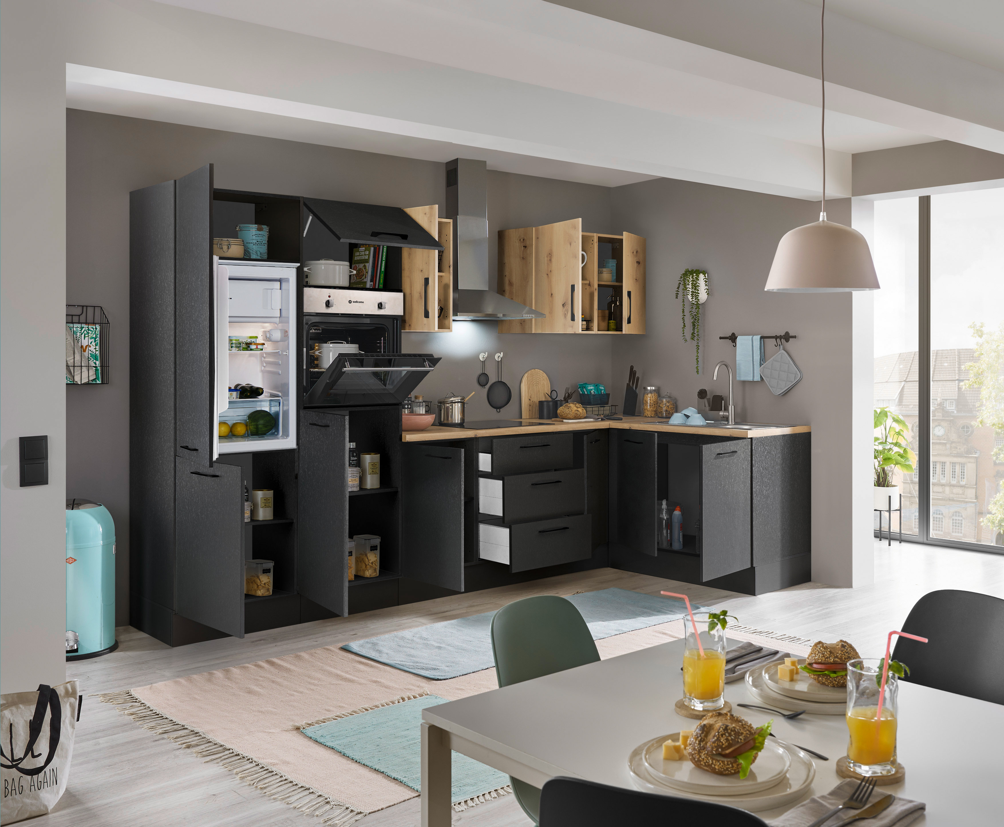 Küchenblock mit E-Geräten CORNWALL (Ecke-Backofen-Kühlschrank) VII
