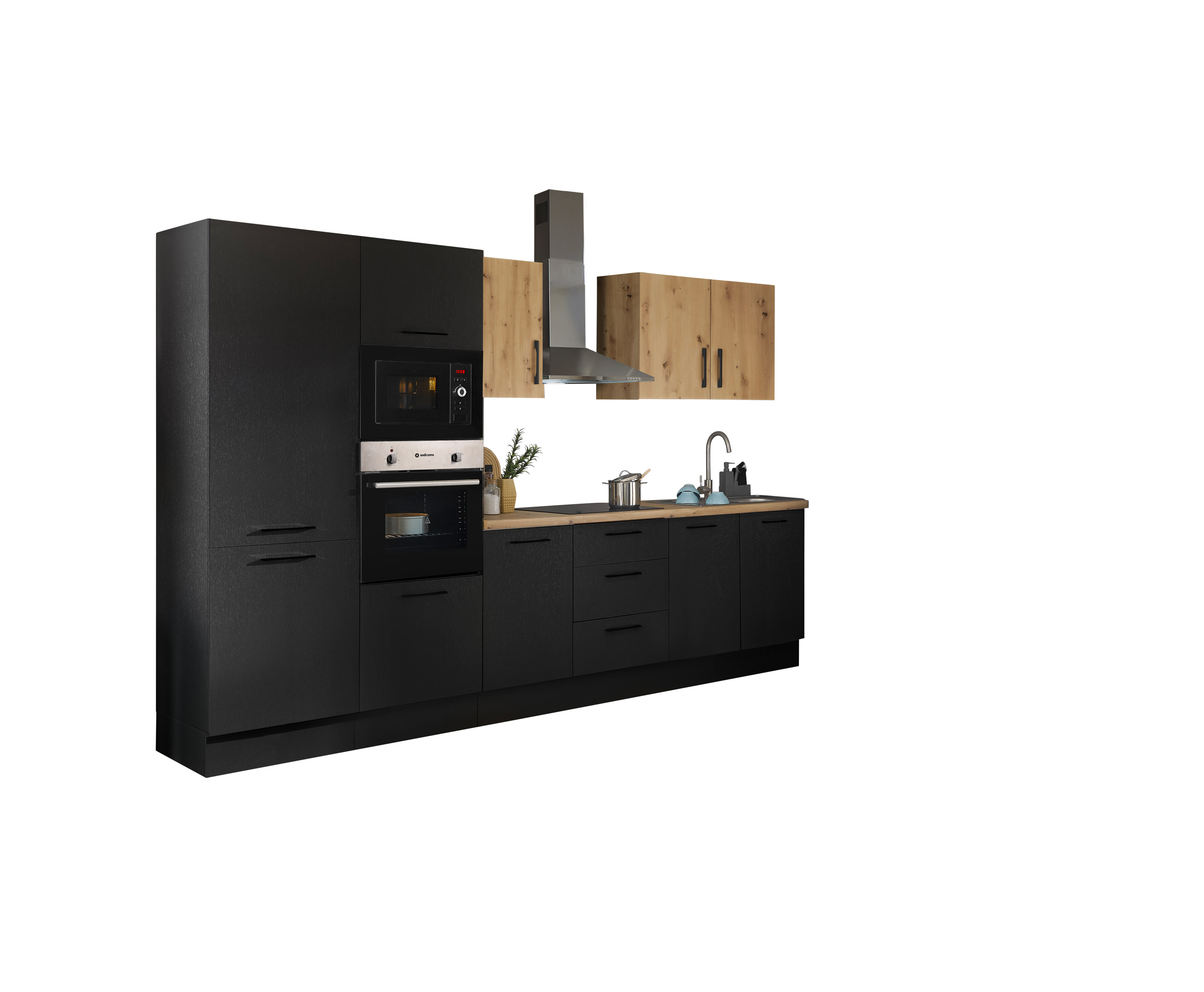 Küchenblock mit E-Geräten CORNWALL (Zeile-Backofen-Kühlschrank-Mikrowelle) III Küchenblock mit E-Geräten CORNWALL (Zeile-Backofen-Kühlschrank-Mikrowelle) III