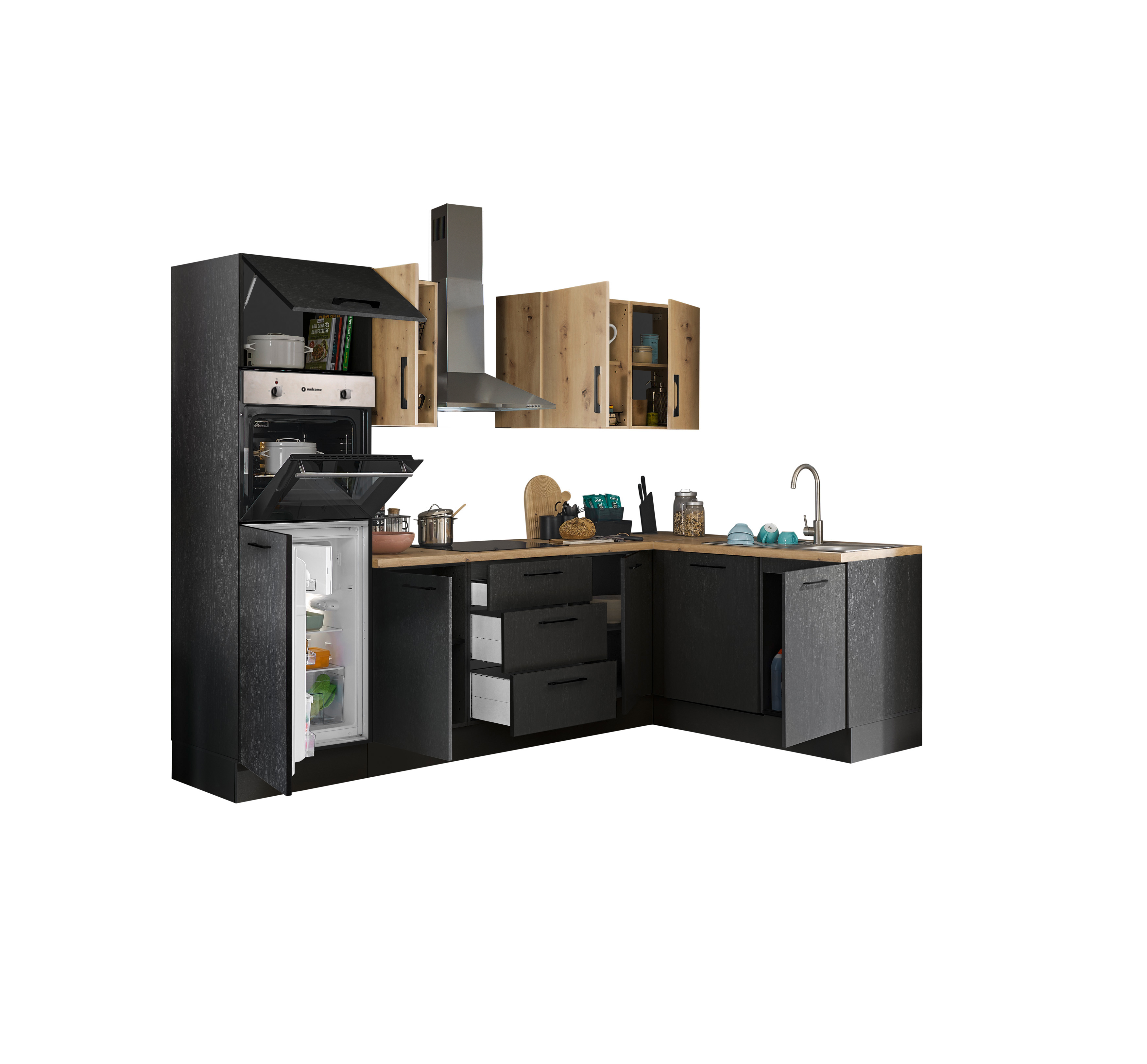 Küchenblock mit E-Geräten CORNWALL (Ecke-Backofen-Geschirrspüler-Kühlschrank) VII