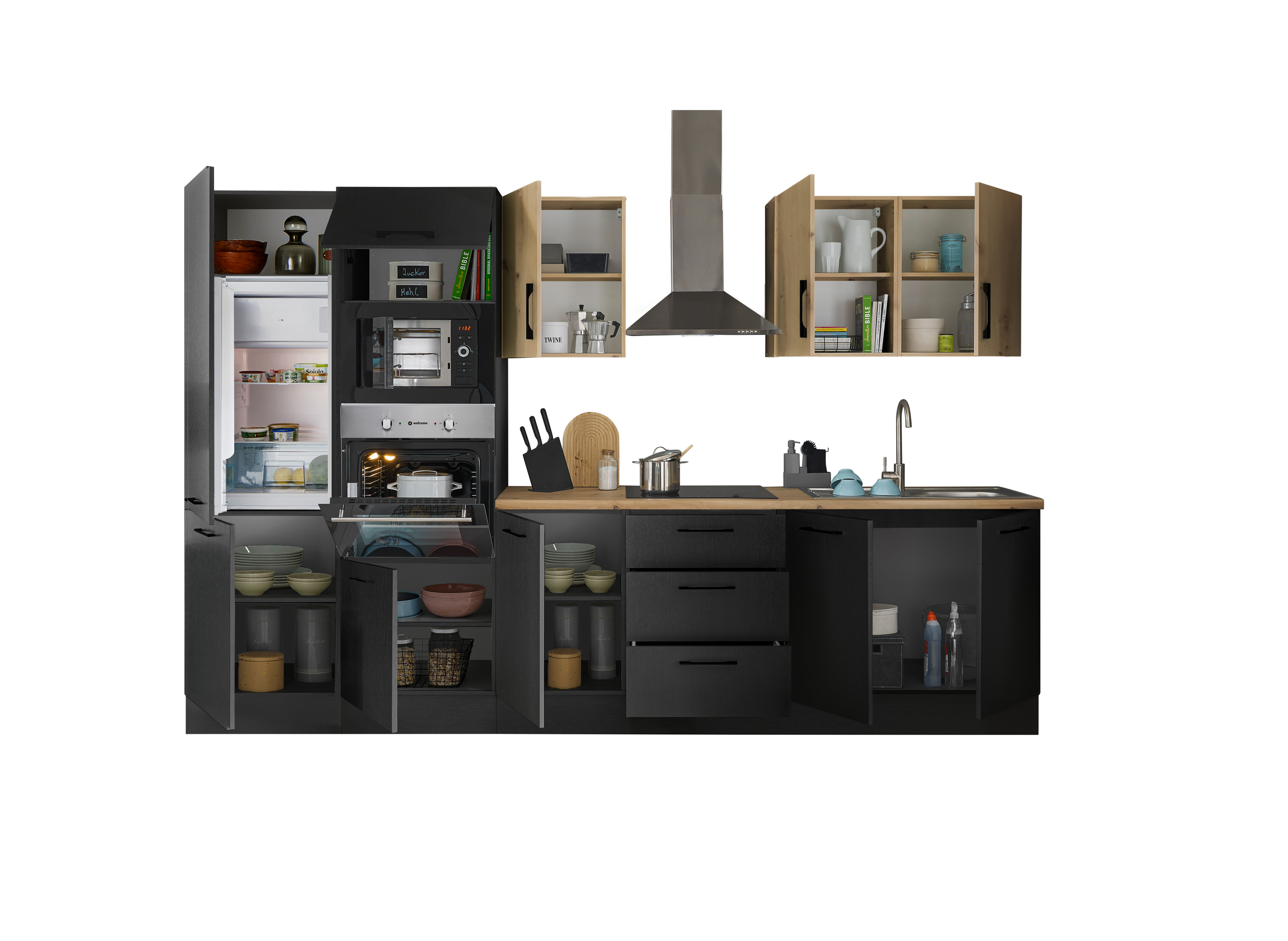 Küchenblock mit E-Geräten CORNWALL (Zeile-Backofen-Kühlschrank-Mikrowelle) III Küchenblock mit E-Geräten CORNWALL (Zeile-Backofen-Kühlschrank-Mikrowelle) III