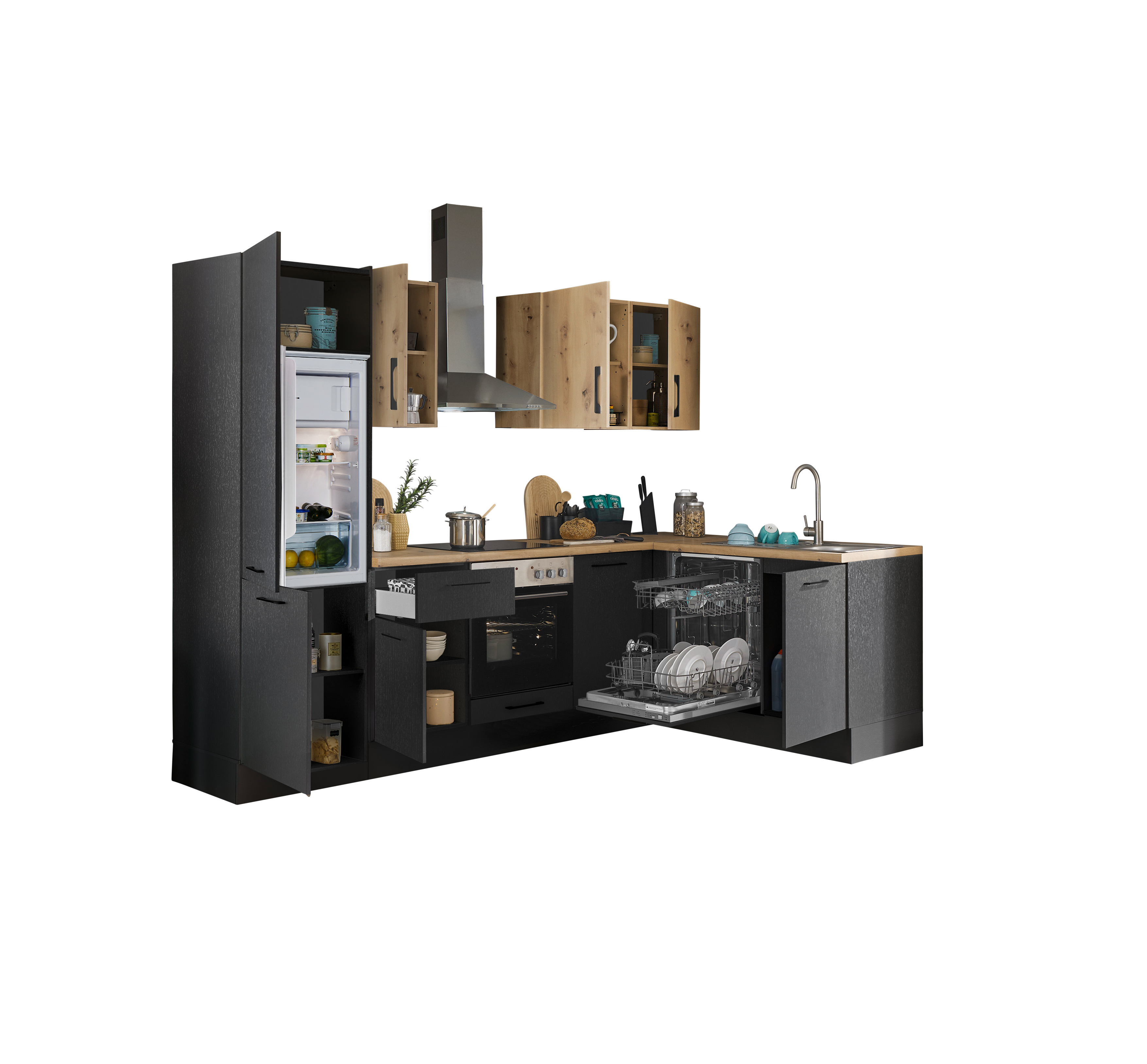 Küchenblock mit E-Geräten CORNWALL (Ecke-Geschirrspüler-Kühlschrank) III