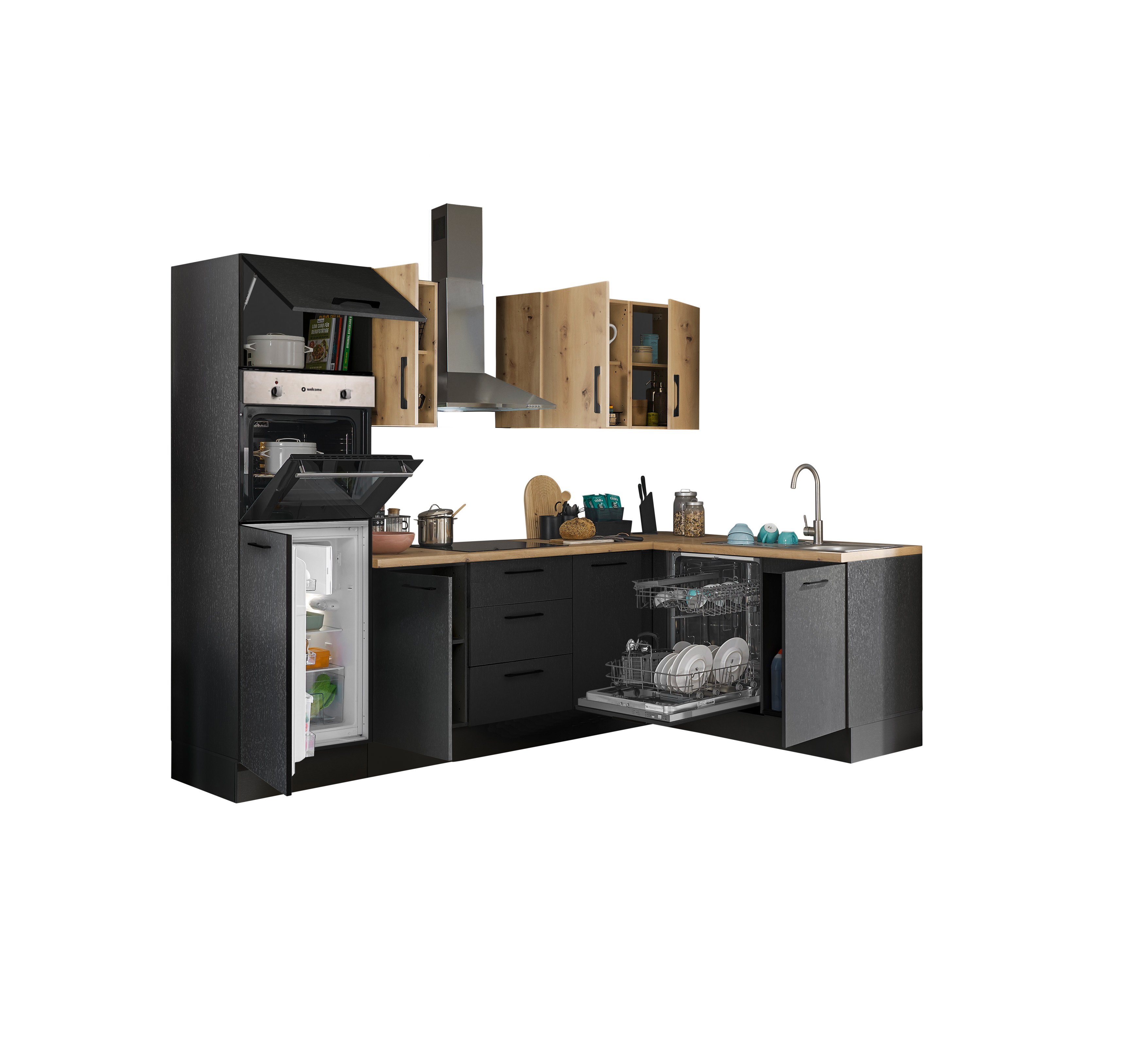 Küchenblock mit E-Geräten CORNWALL (Ecke-Backofen-Geschirrspüler-Kühlschrank) VII