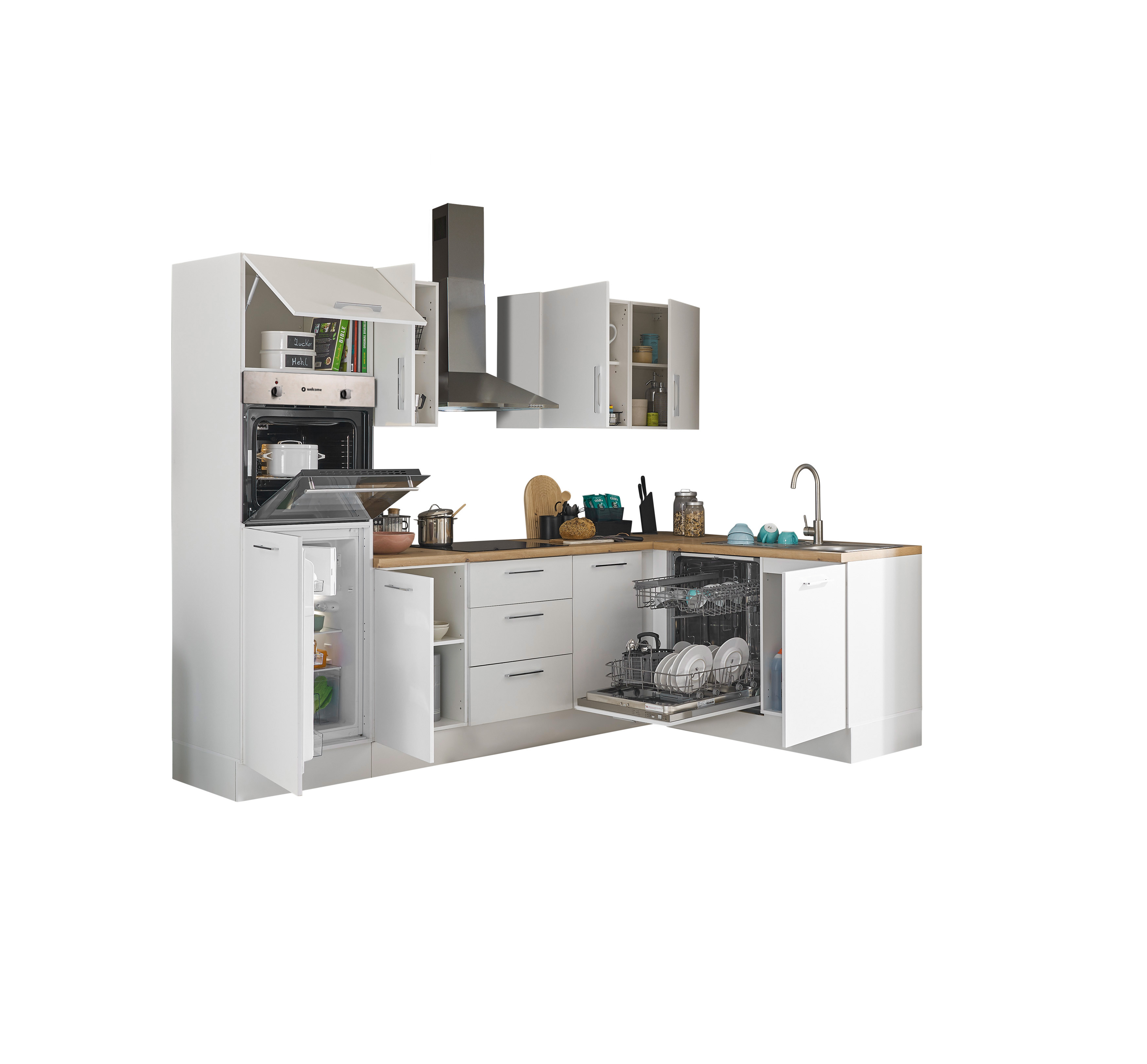 Küchenblock mit E-Geräten CORNWALL (Ecke-Backofen-Geschirrspüler-Kühlschrank) I