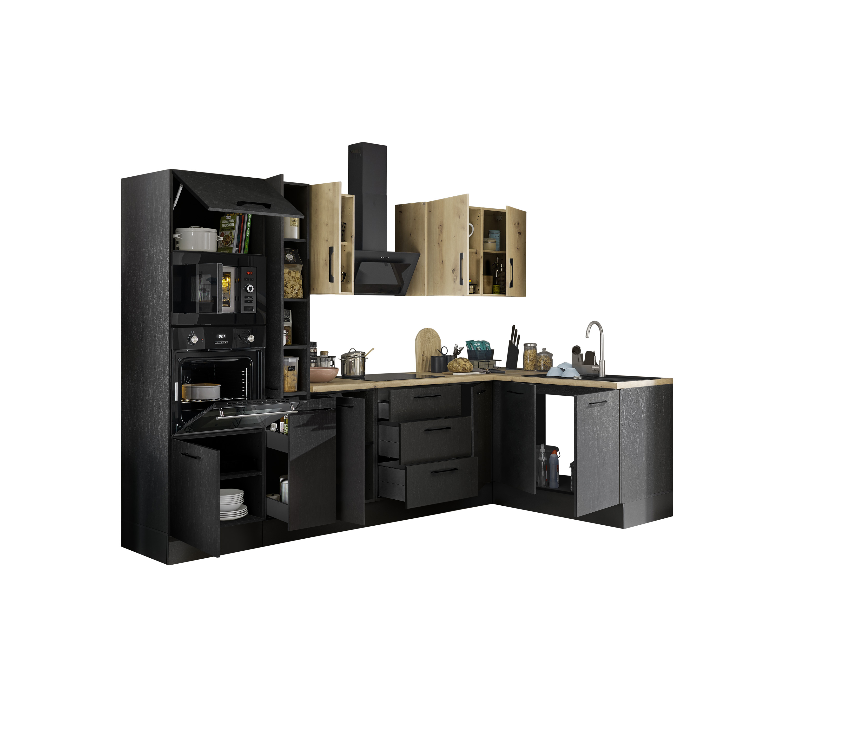Küchenblock mit E-Geräten CORNWALL (Ecke-Backofen-Mikrowelle-Apotheker) IV