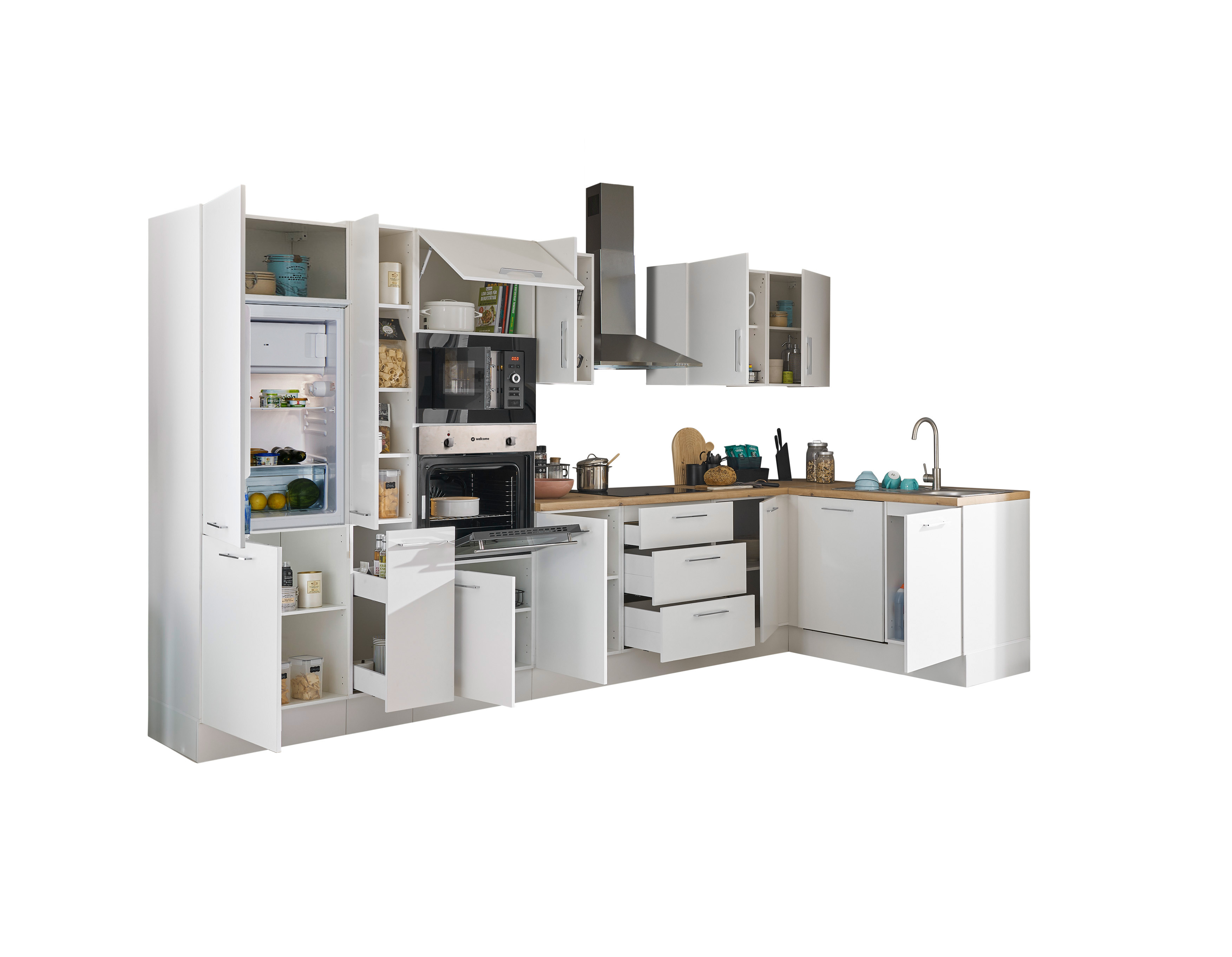 Küchenblock mit E-Geräten CORNWALL (Ecke-Backofen-Geschirrspüler-Kühlschrank-Mikrowelle-Apotheker) I