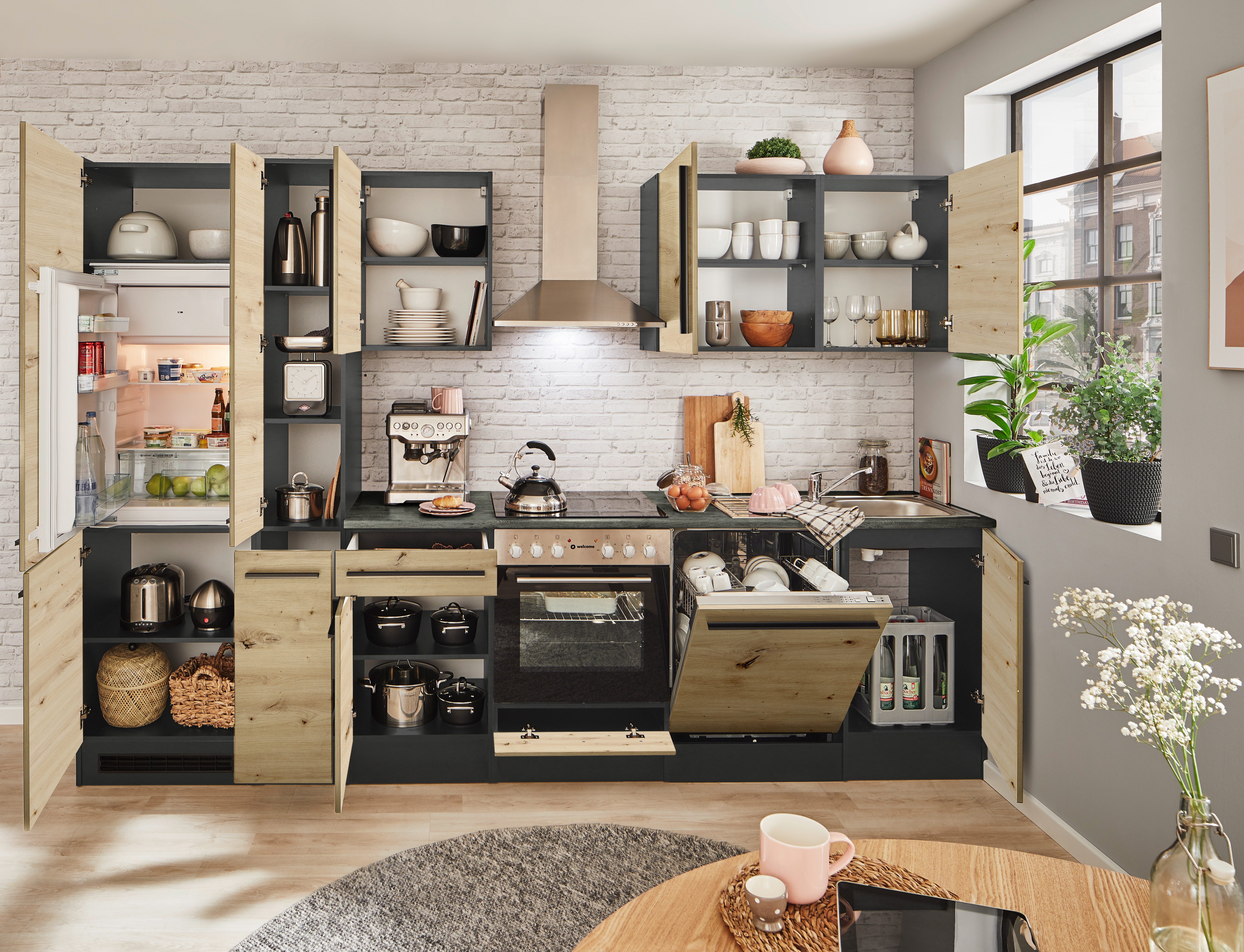 Küchenblock mit E-Geräten JAZZ 8 (Zeile-Kühlschrank-Apotheker) III Küchenblock mit E-Geräten JAZZ 8 (Zeile-Kühlschrank-Apotheker) III